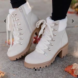 Tami Beige Fleece Lace Up Boots Booties from Pink Lily